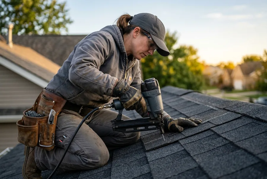 Roof & Nail roofer nailing down new shingles in Cordova